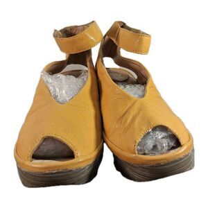 Fly London Leather Yala Yellow Wedge Peep Toe Heels Sz 37 (6.5-7)